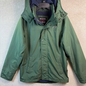 Hollister All Weather Jacket Men's Medium Green Hooded Ripstop Lightweight *READ